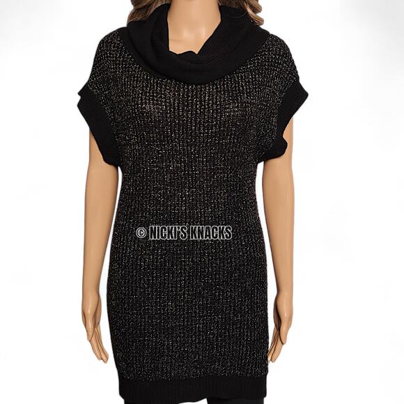 Nine West Lurex Sweater Dress Y2K Black Gold Cowl Neck Sparkle Party Mini Size S - Picture 3 of 11